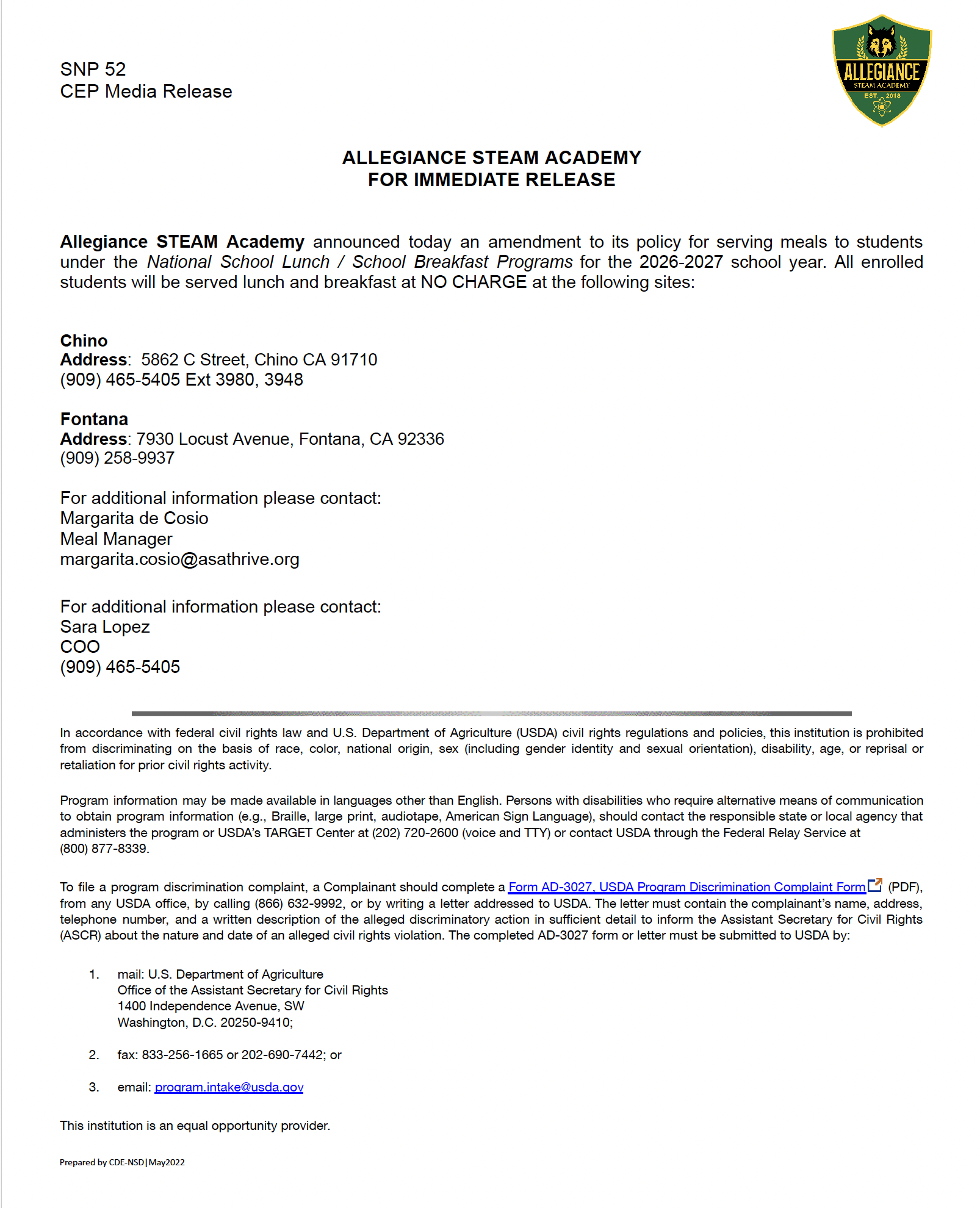 This letter announces Allegiance STEAM Academy's participation in the National School Lunch/School Breakfast Programs
